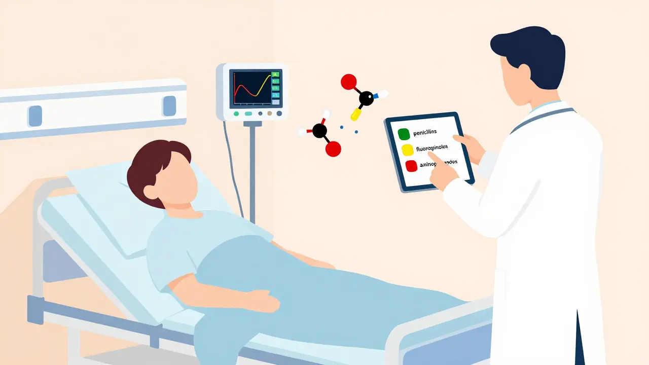 Hospital patient with monitoring device showing muscle strength decline, doctor pointing to color-coded antibiotic list.