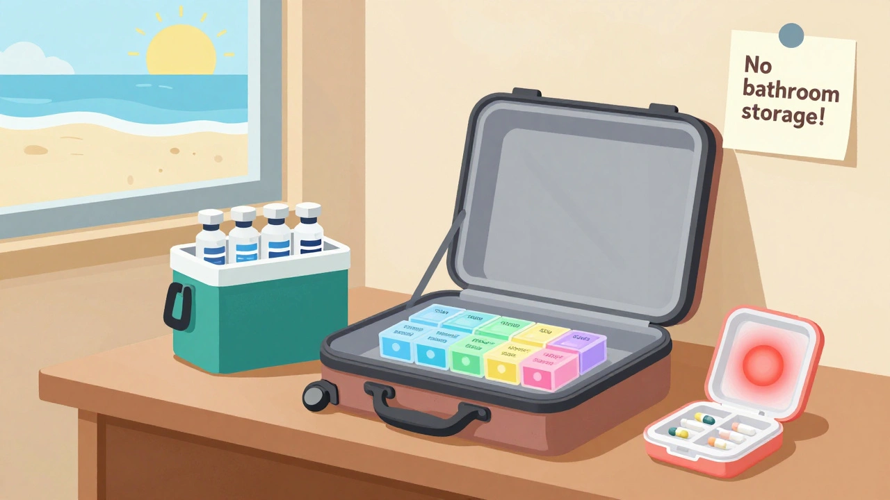 Hotel room with insulin cooler, color-coded pill organizer, and temperature-sensing case near sunny window.
