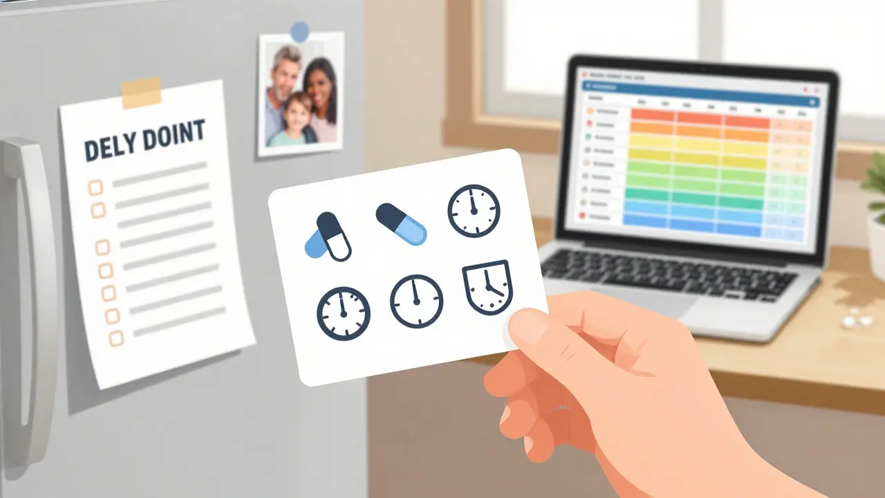 Laminated visual medication schedule on refrigerator next to family photos and groceries