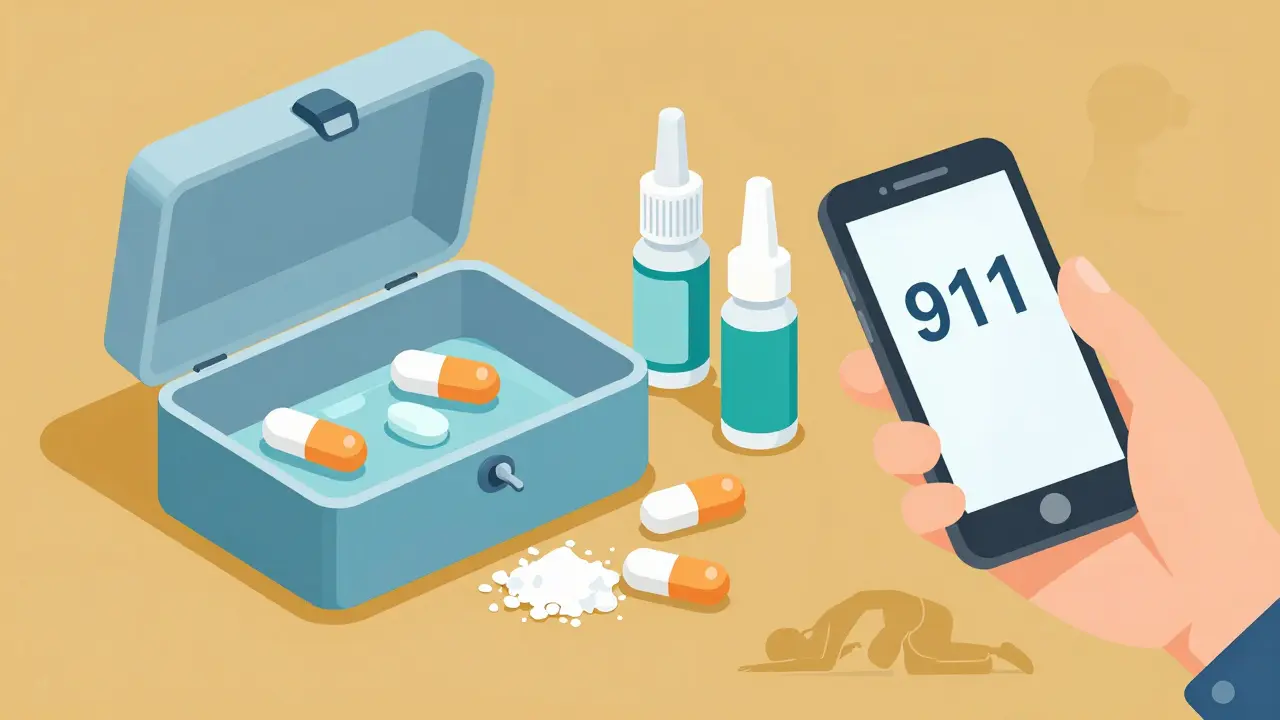 Locked medicine box with pills, naloxone sprays, and a phone calling for help.
