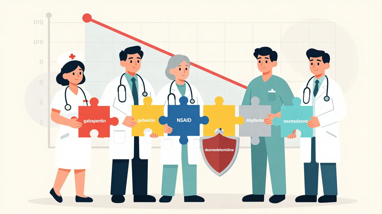 Medical team fitting together medication puzzle pieces to form a pain-control shield.