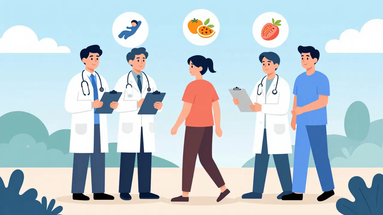 Medical team supporting patient with taper schedule, walking on wellness path.