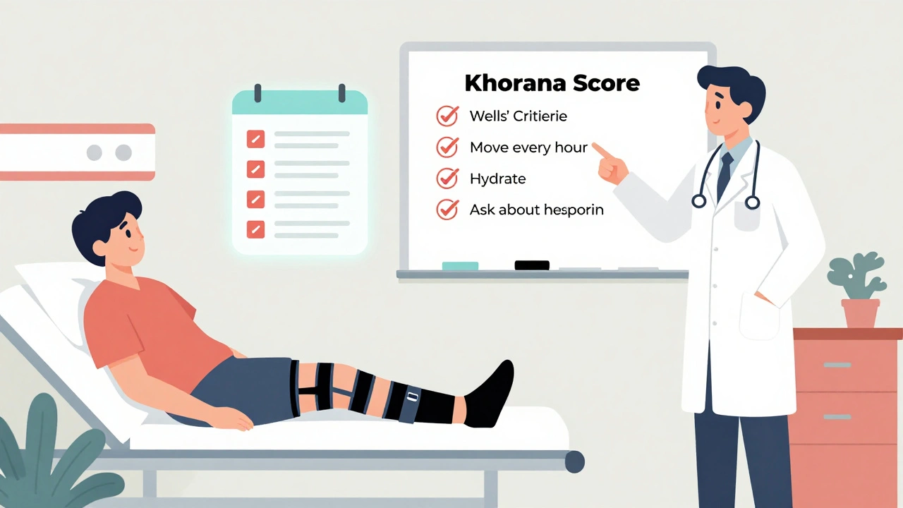 Patient and doctor reviewing clot risk scores with prevention checklist in a hospital setting.