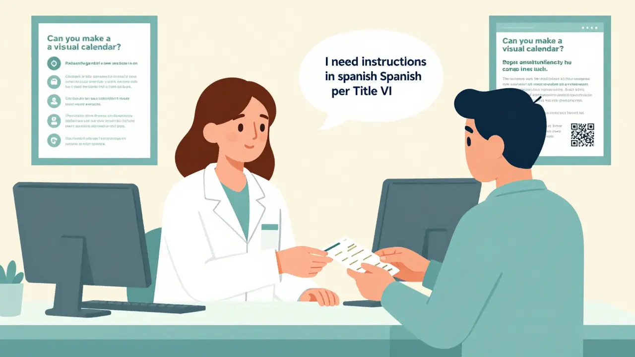 Patient and pharmacist at pharmacy counter discussing clear medication instructions with rights posters