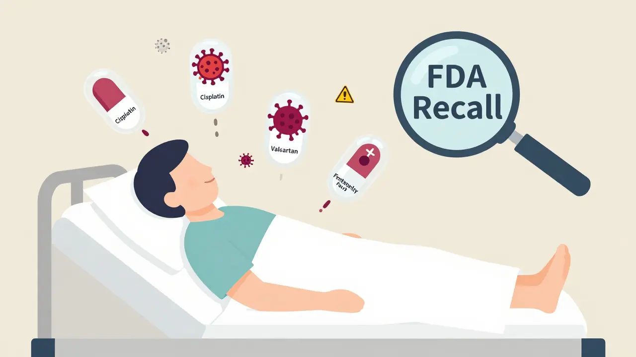 Patient surrounded by leaking drug capsules causing cancer and overdose symbols.