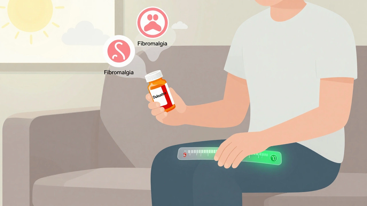 Person holding SNRI pill with pain scale fading to green, symbolizing relief from chronic pain.