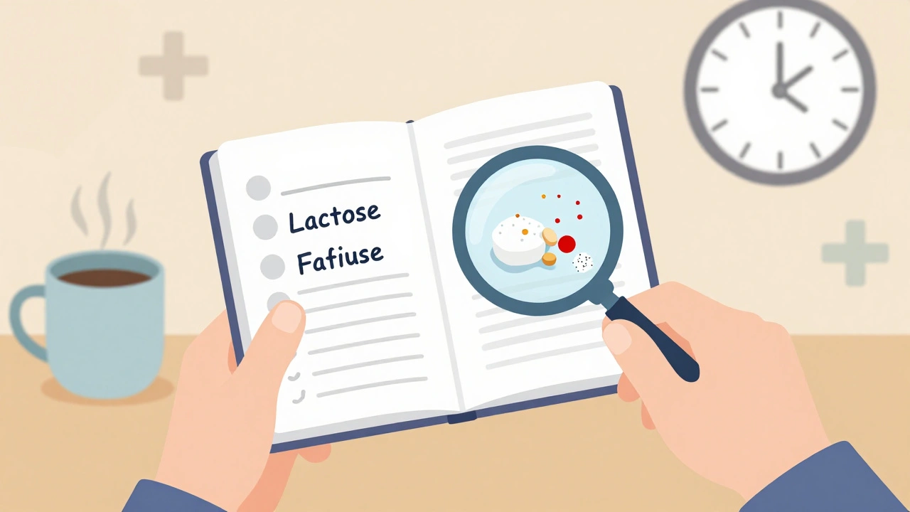 Person tracking symptoms with a diary as invisible allergens float near generic pills, soft lighting, flat illustration.