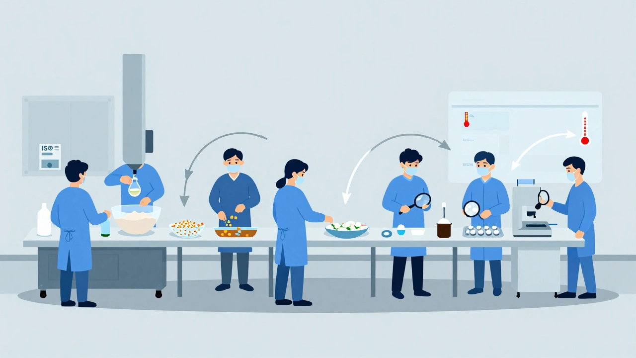 Pharmaceutical manufacturing line showing seven steps from mixing to packaging in a cleanroom setting.