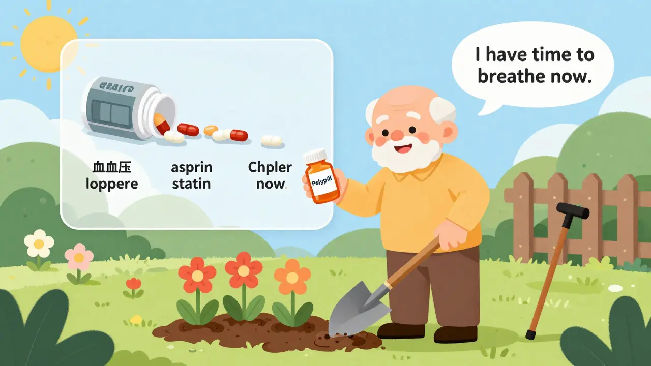 Senior gardening happily while holding a single polypill bottle, symbolizing simplified medication.