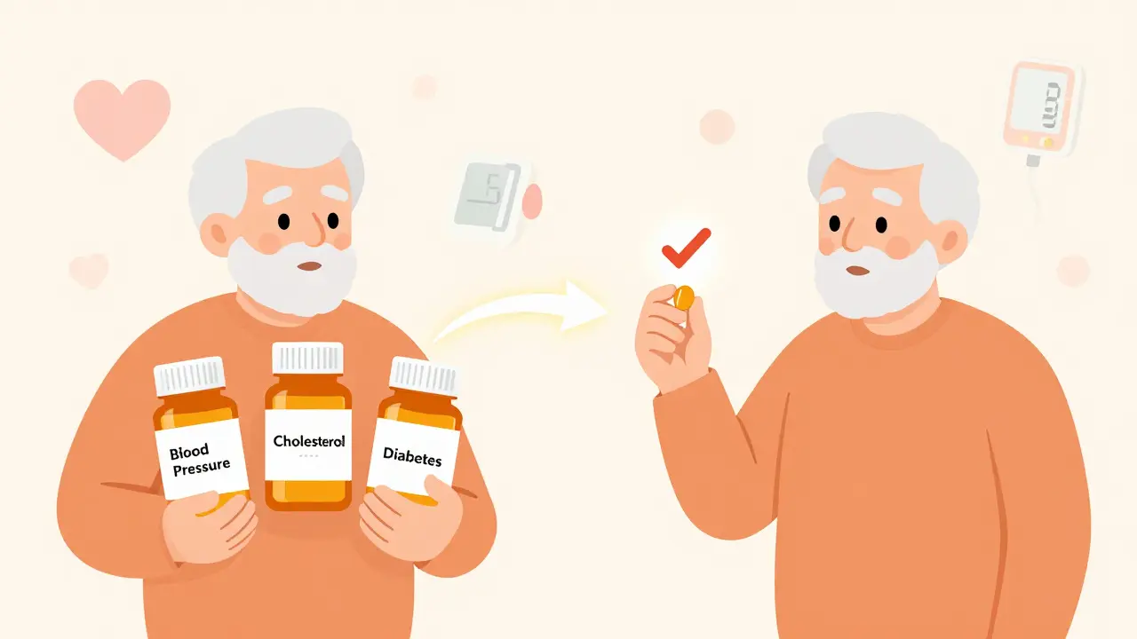 Side-by-side image showing three separate pills transforming into one combination pill.