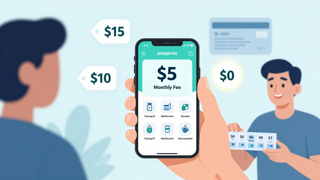 Smartphone showing Amazon RxPass subscription with common generics and lower prices compared to insurance.