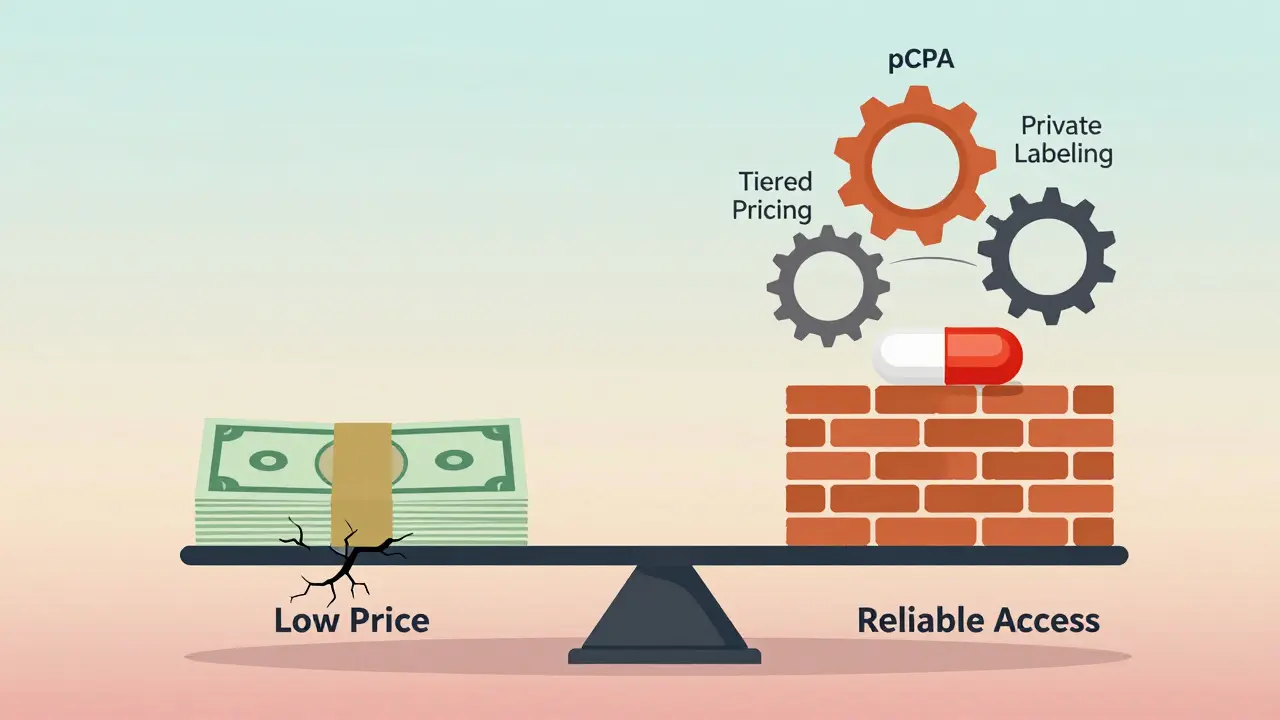Symbolic scale comparing low drug prices against reliable access in two healthcare systems