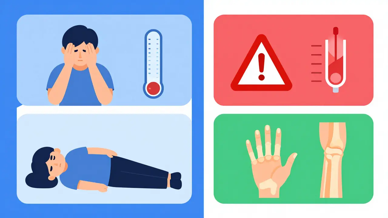 Three-panel comparison: withdrawal, adrenal crisis, and disease flare symptoms.