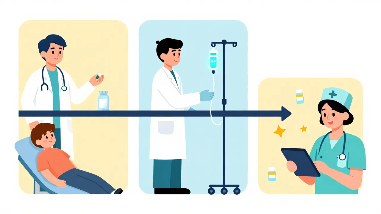 Three-panel illustration showing pain management before, during, and after surgery with medical staff and meds.