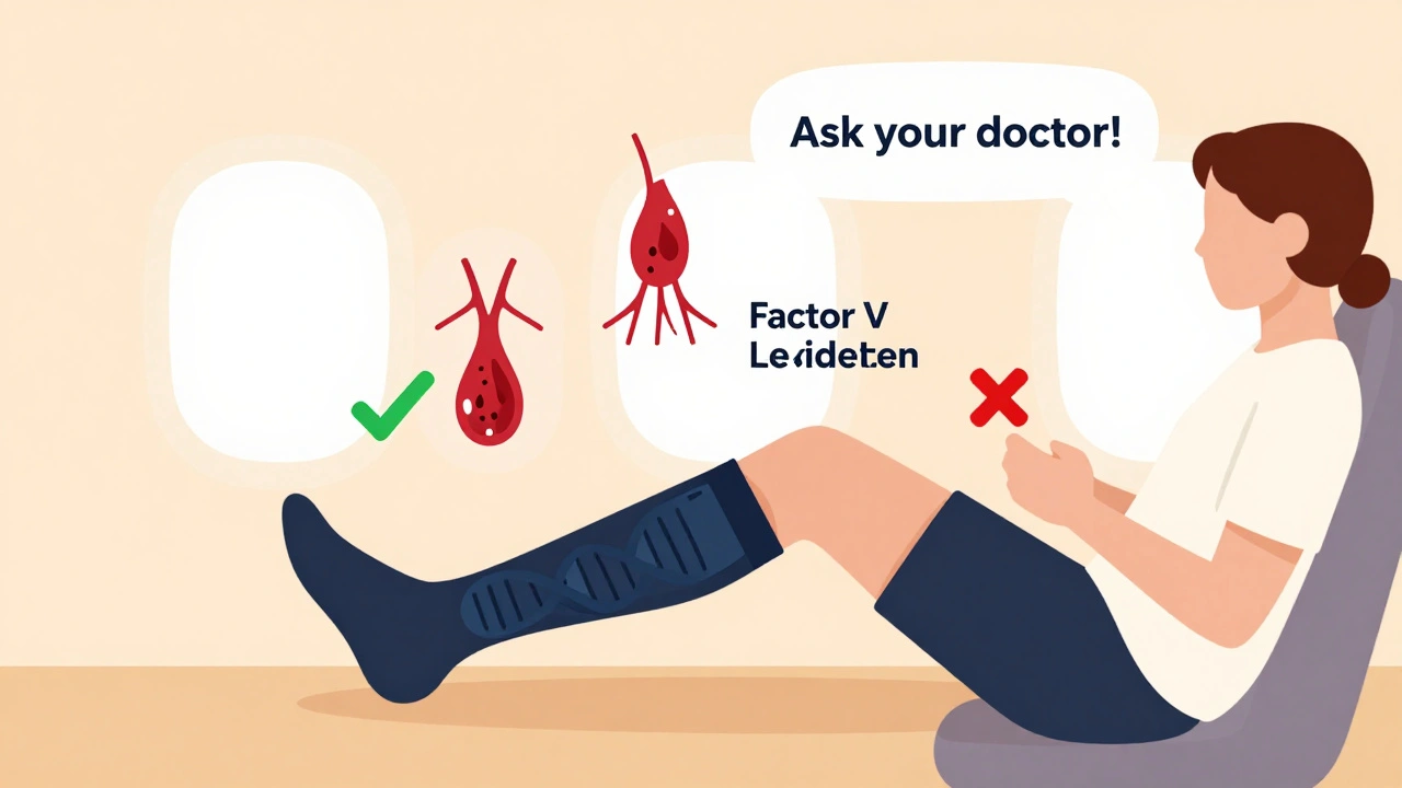 Traveler doing leg exercises on a plane with medical icons showing clot risks and prevention.
