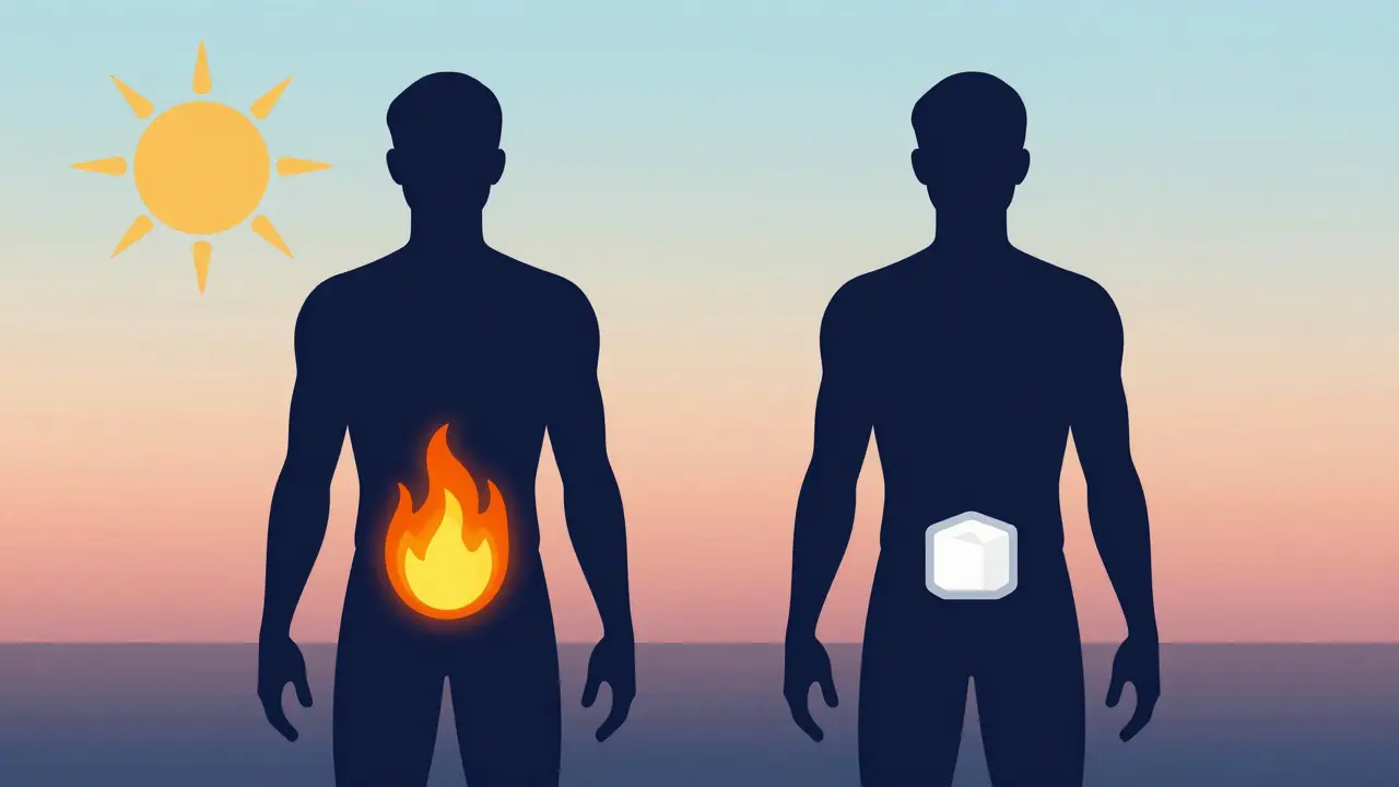Two silhouettes illustrating fat burning during fasting and sugar storage during eating, with a circadian rhythm background.