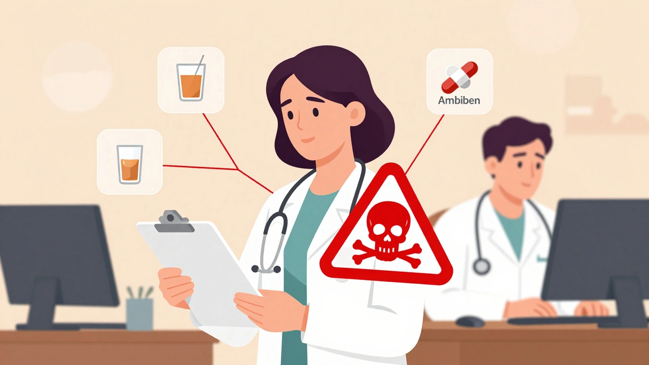 Woman in doctor&#039;s office with warning symbol and dangerous drug icons floating around her.