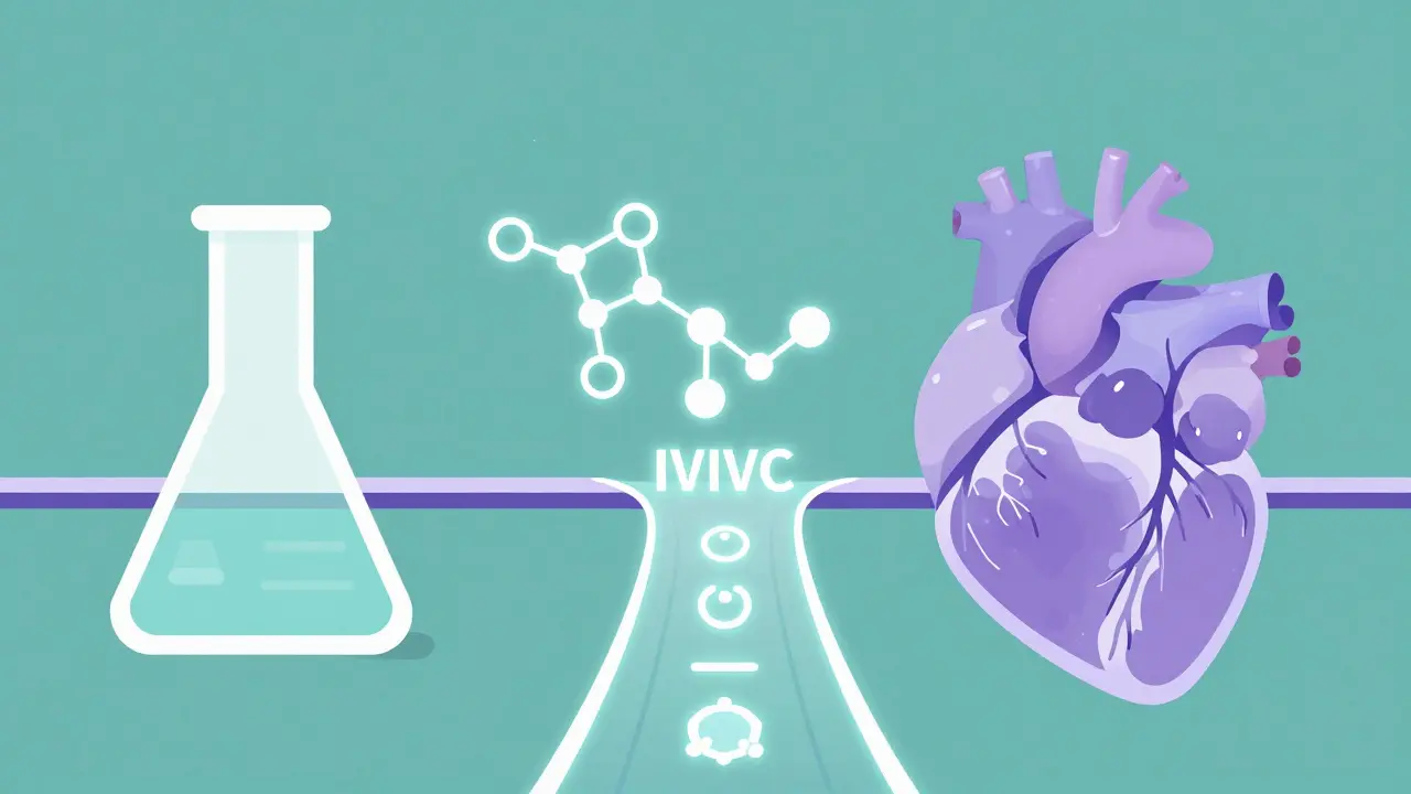 A glowing bridge connects a lab beaker to a heart, representing the correlation between lab dissolution data and how the body absorbs the drug.