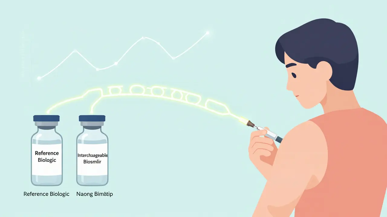 A patient receiving an injection with two similar vials connected by a bridge, symbolizing interchangeable biosimilars.