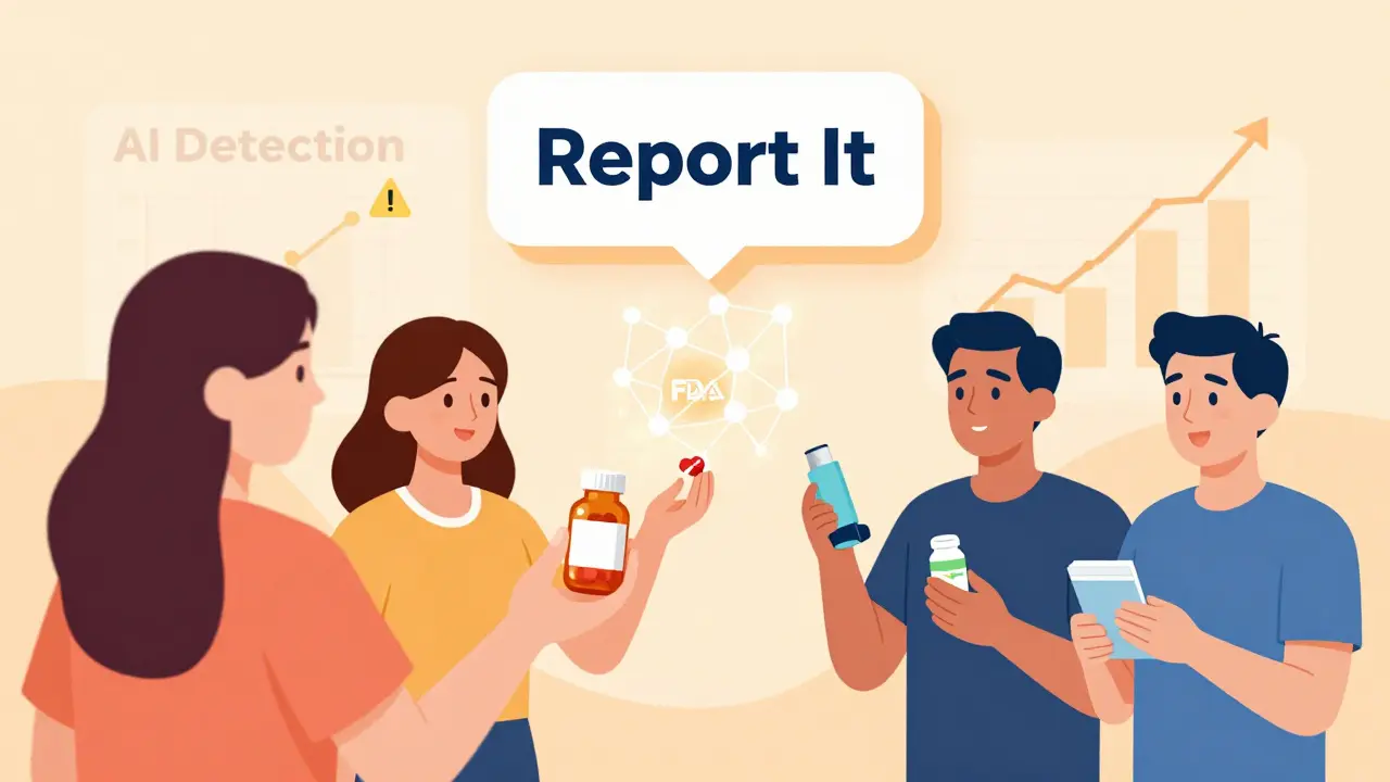 A patient reporting a drug issue, with the report becoming a network leading to AI-powered FDA detection.