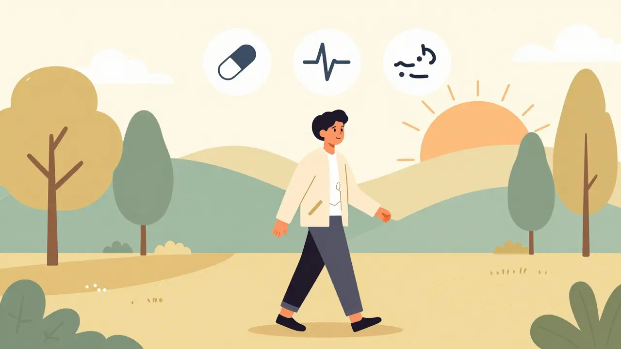 A person walking happily in a park with a visible pacemaker and treatment icons floating above, under a heart-shaped sunrise.