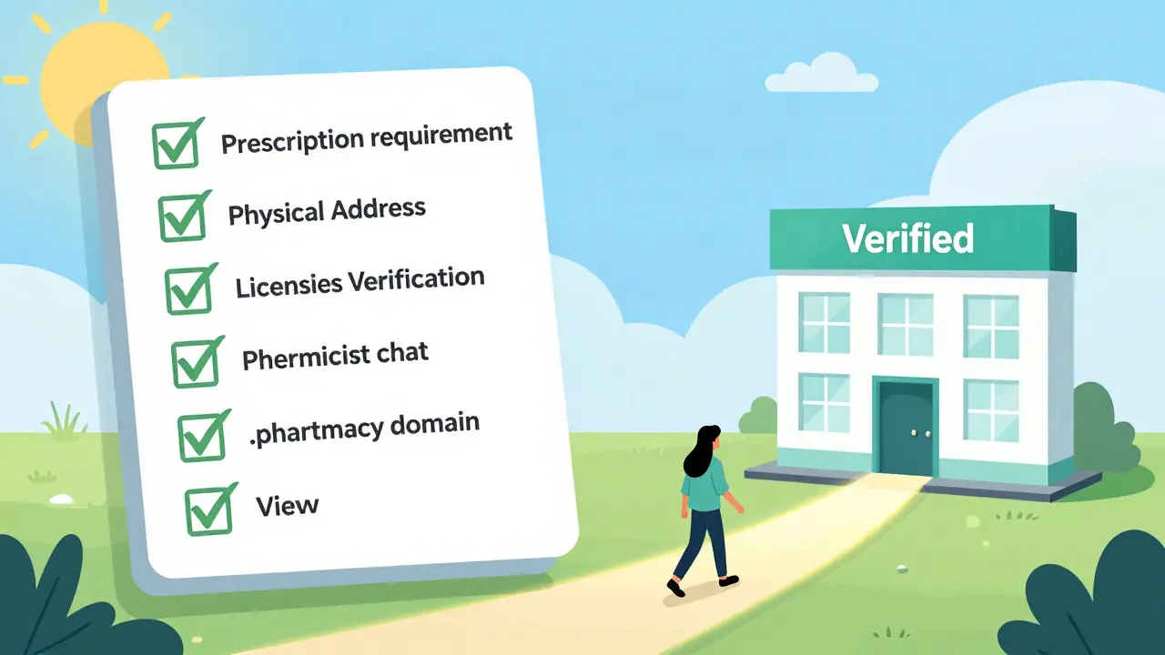 Checklist guiding user from dangerous to safe online pharmacy with green ticks and path.