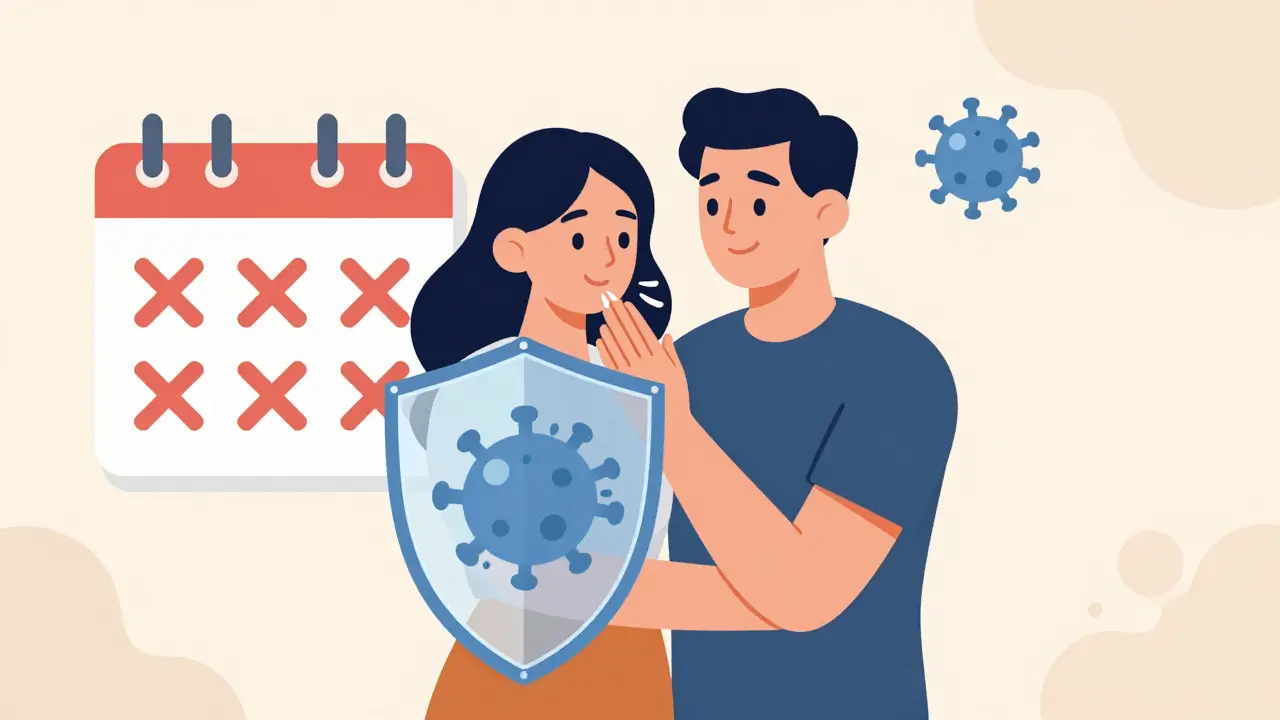 Couple embracing with protective shield symbolizing herpes control, one sensing early tingling.