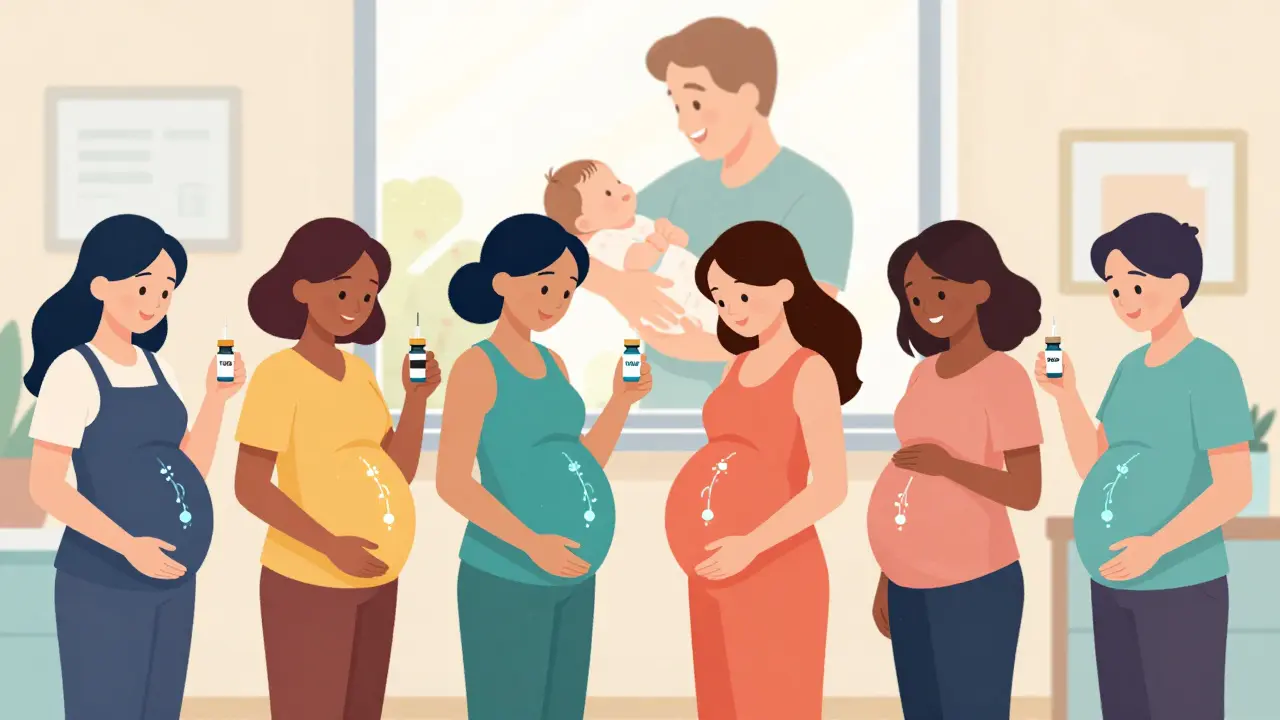 Diverse pregnant women receiving vaccines as glowing antibodies connect them to their babies.
