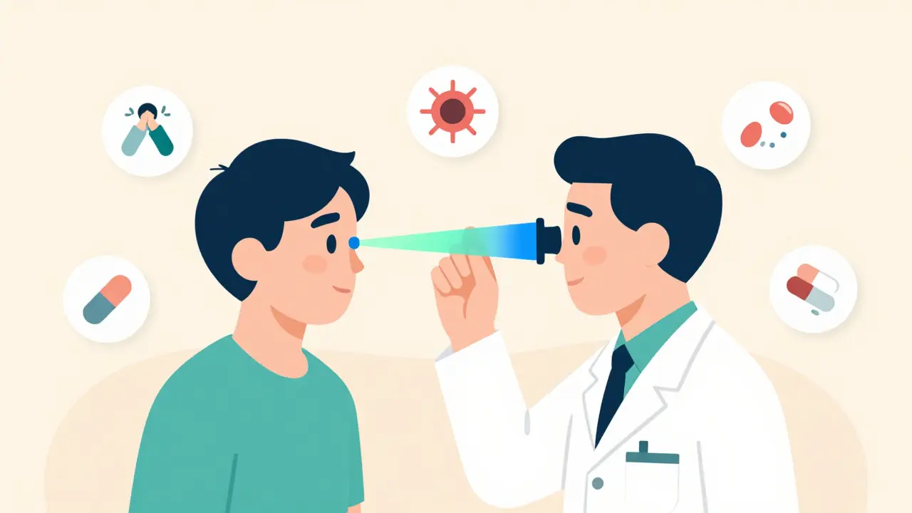 Doctor examining eye with light wavelengths filtered by FL-41 tinted lens