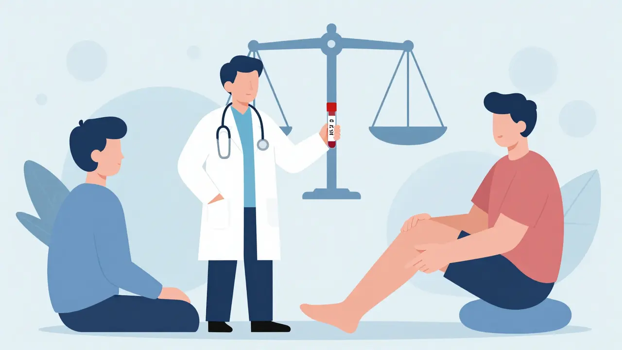 Doctor holding blood test while patient points to sore legs, with scale balancing heart protection and muscle risk