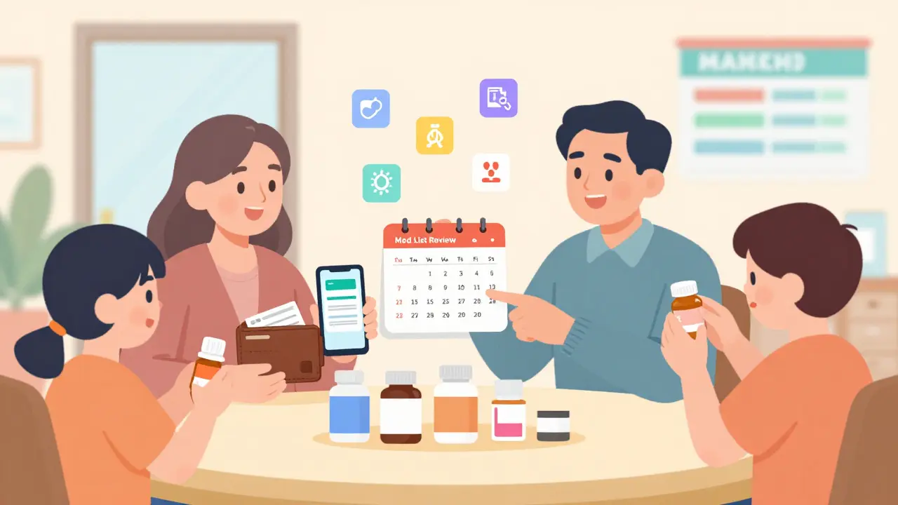 Family reviewing monthly medication list reminder at dining table