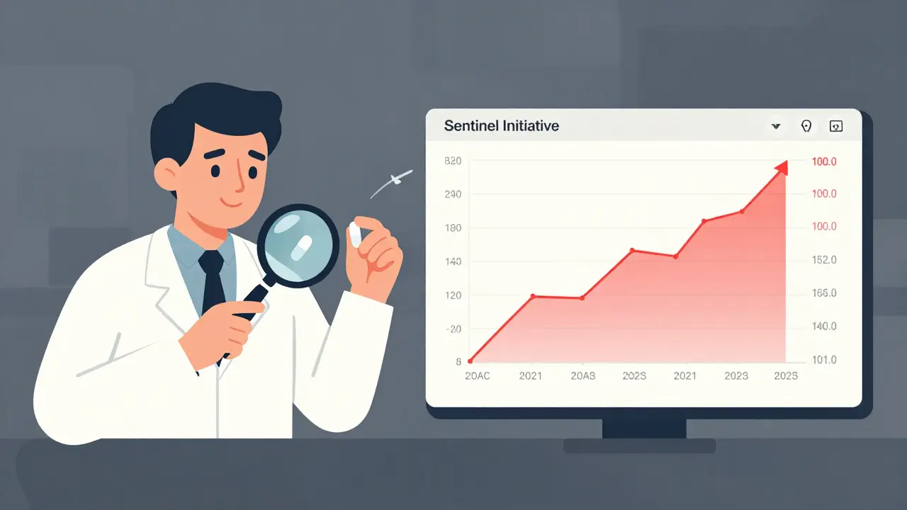 FDA inspector examining a pill next to a real-time patient data dashboard, symbolizing drug safety surveillance.