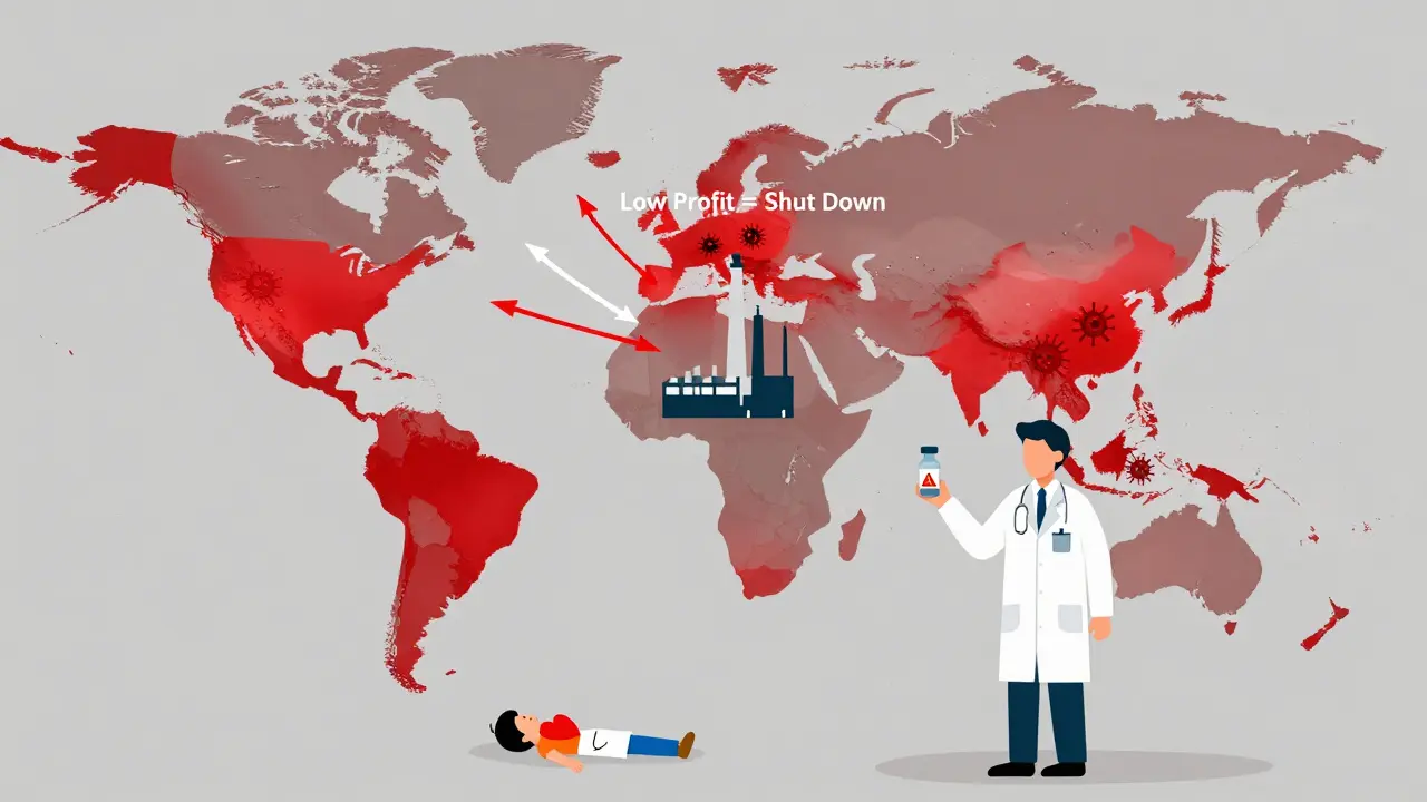 Global map showing antibiotic shortage hotspots with a shuttered factory and superbugs, a doctor holding a last-resort antibiotic.