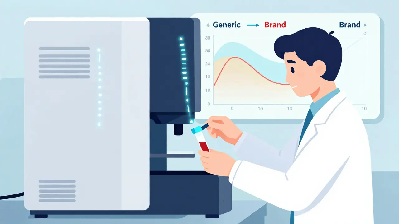 Lab technician analyzing blood samples with a graph showing drug concentration curves and a confidence interval band.