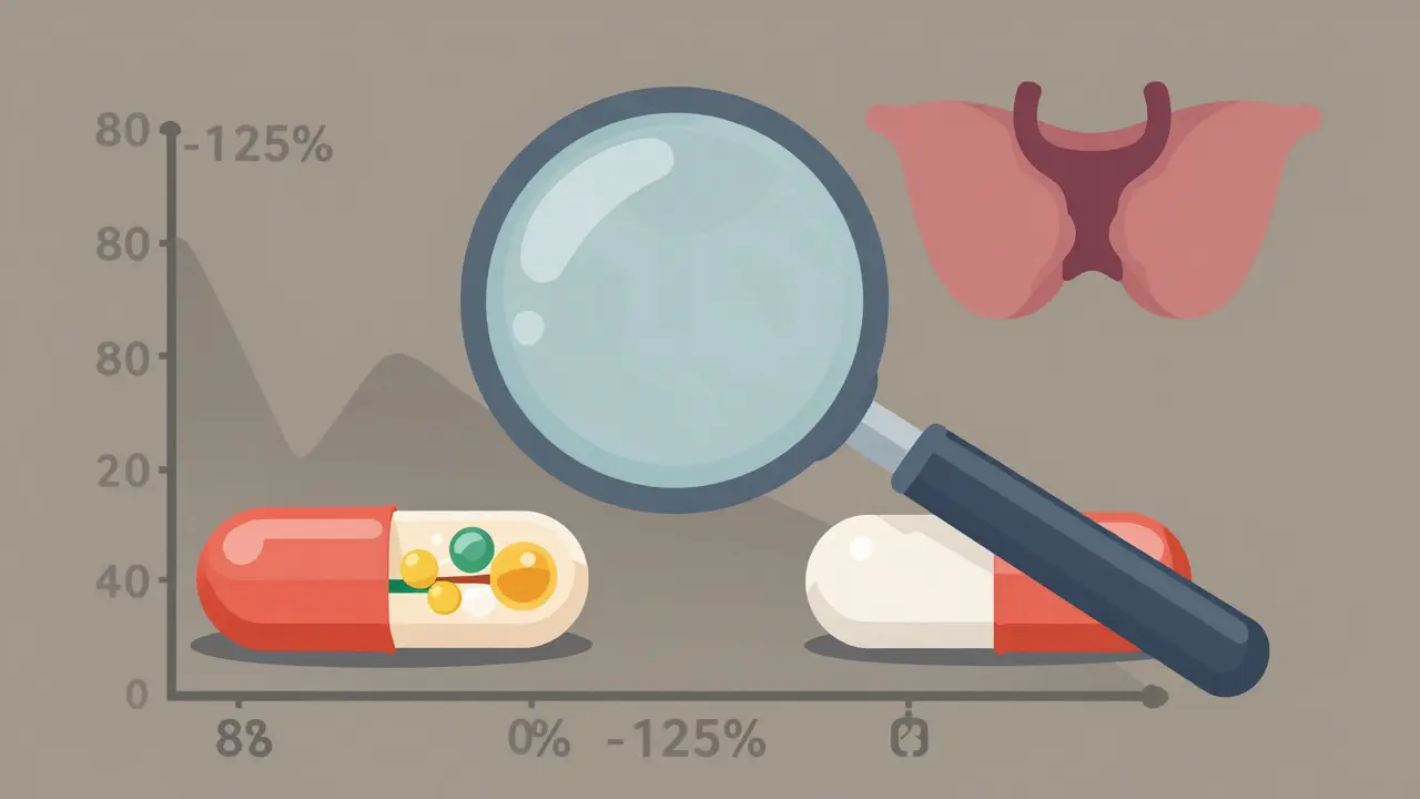Magnifying glass revealing different filler colors inside generic and brand pills, with a fluctuating thyroid icon above.
