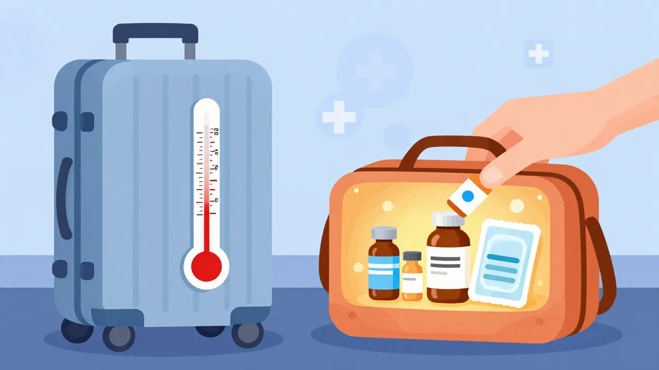 Medications in carry-on vs. ruined meds in cargo hold with extreme temperature indicators