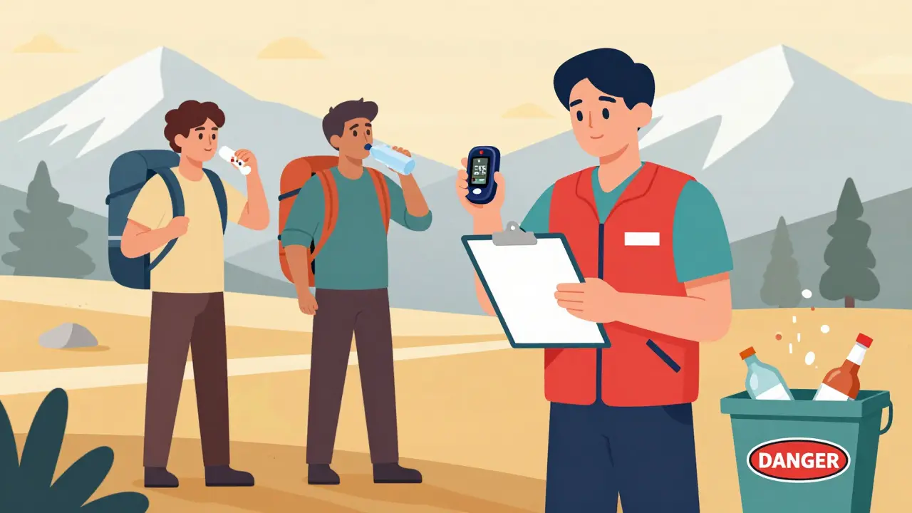 Mountain guide with pulse oximeter guiding trekkers who are choosing safe acclimatization over alcohol.