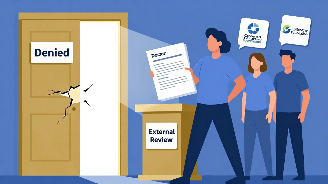 Patient presenting appeal documents as a denied door opens to light with advocacy groups nearby