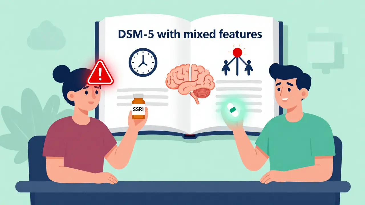 Patient with antidepressant bottle under red warning symbol, next to patient with mood stabilizer under green calm light, DSM-5 book open nearby.
