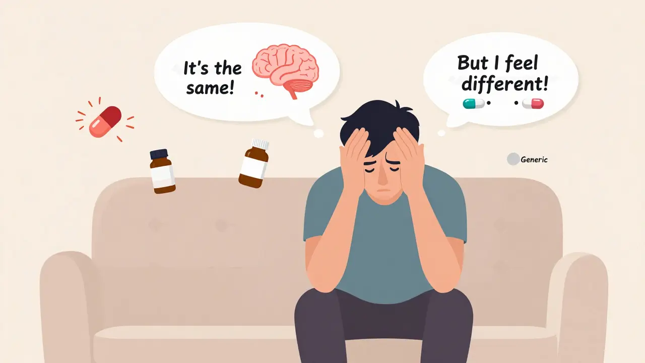 Patient with thought bubbles showing conflicting ideas about generic medication, surrounded by health-related symbols.