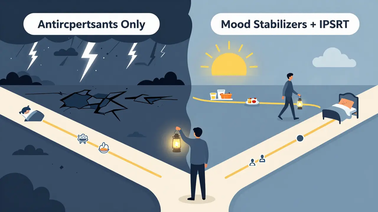 Person at crossroads: one path chaotic with storms, the other calm with daily routines connected by golden line, brain-shaped lantern illuminating path.