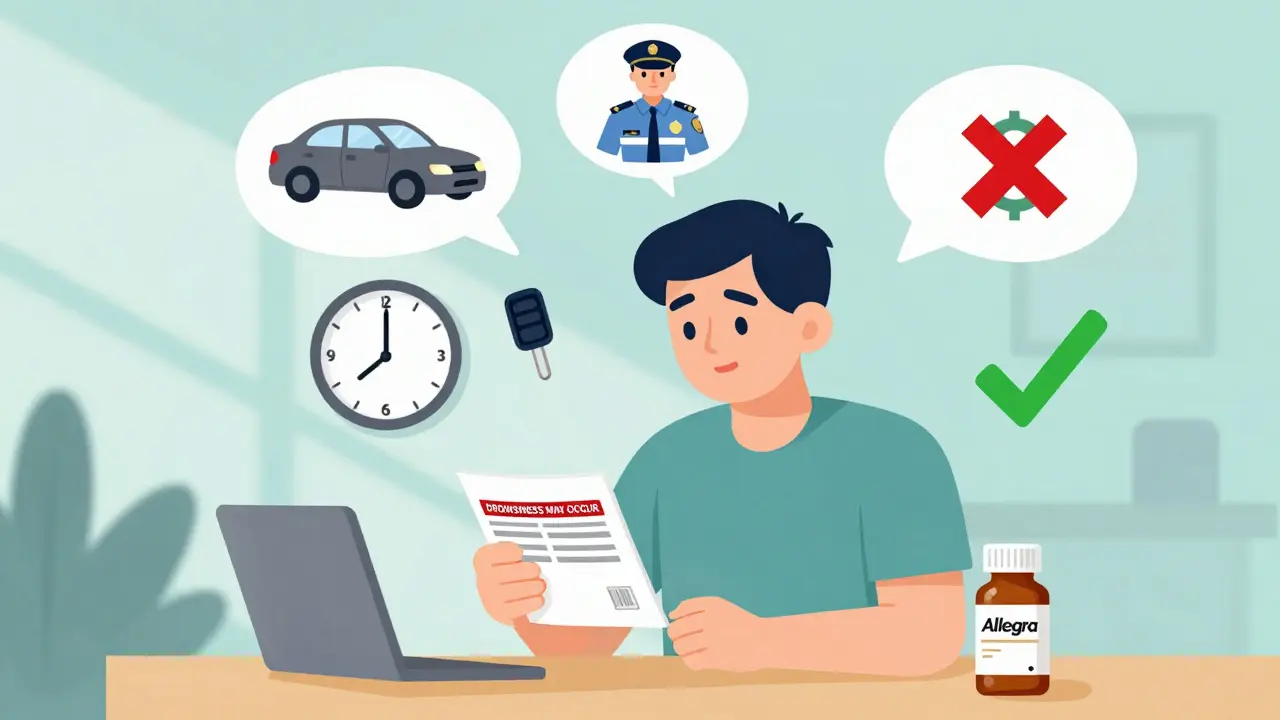 Person reading a medicine label with thought bubbles showing risks of driving while impaired.