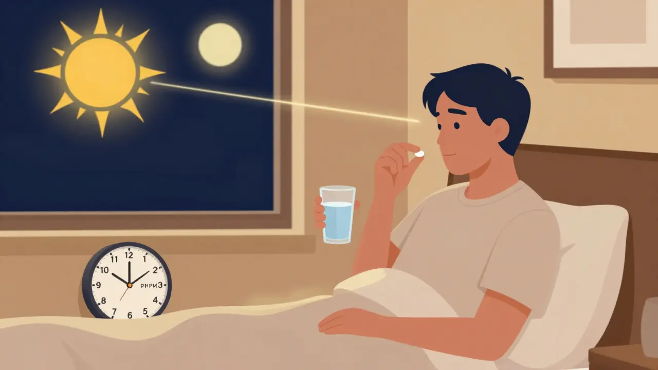 Person taking melatonin at night in hotel room, sunrise outside symbolizing circadian rhythm reset.