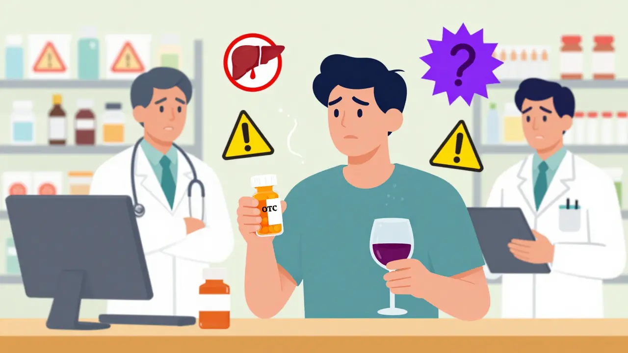 Person taking OTC medicine, herbal supplement, and alcohol with hidden medical interaction symbols around them.
