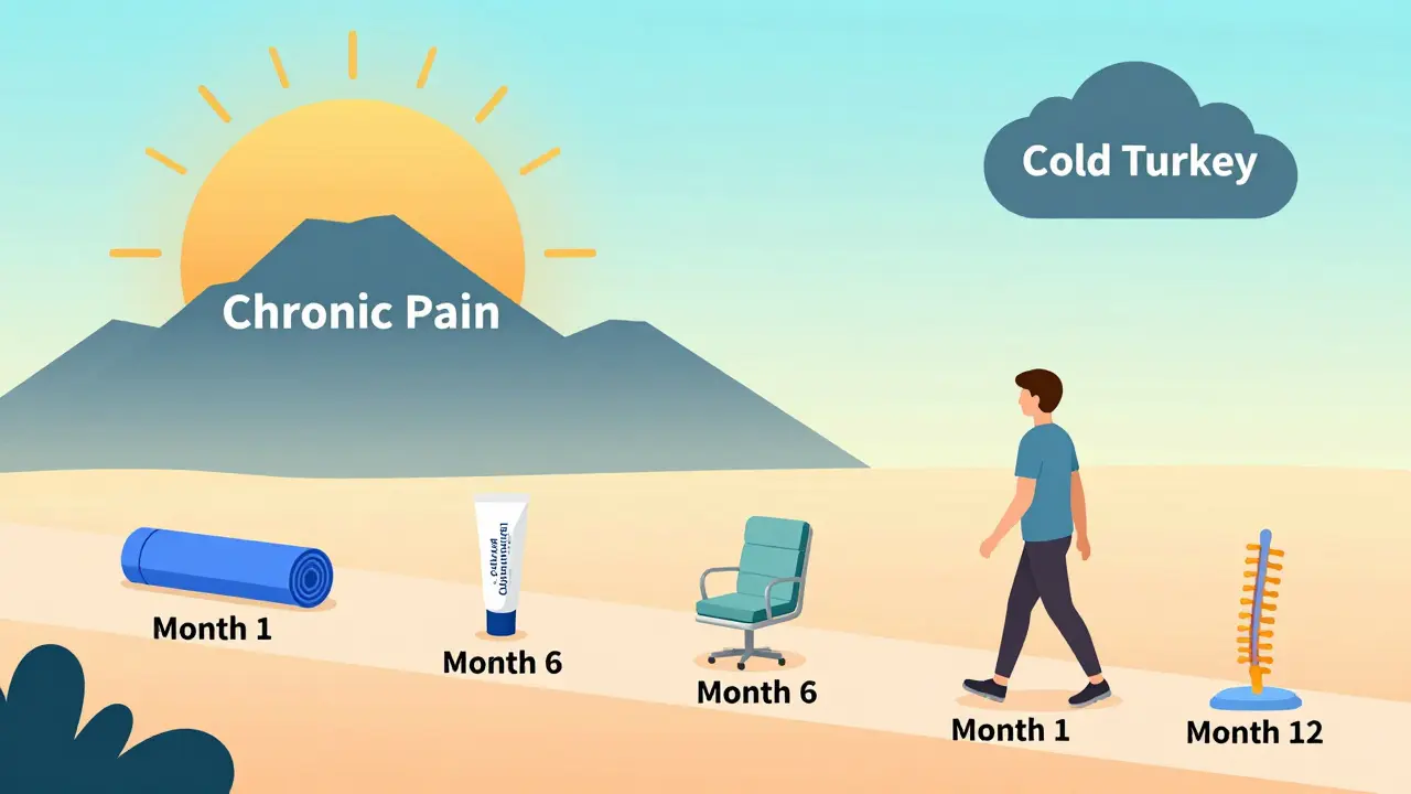 Person walking a slow tapering path supported by non-opioid pain therapies.