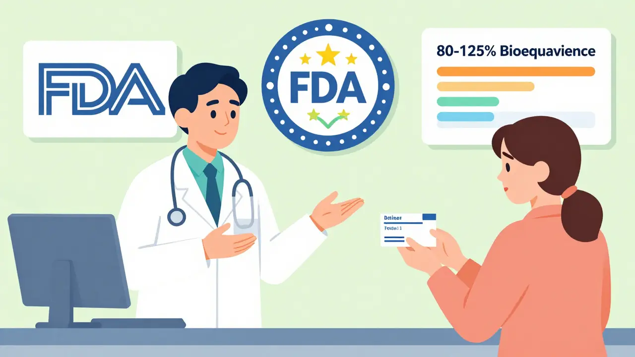 Pharmacist and doctor together reassure patient about generic medication equivalence.
