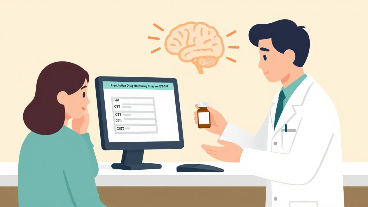 Pharmacist reviewing a PDMP alert on screen while safely dispensing medication.