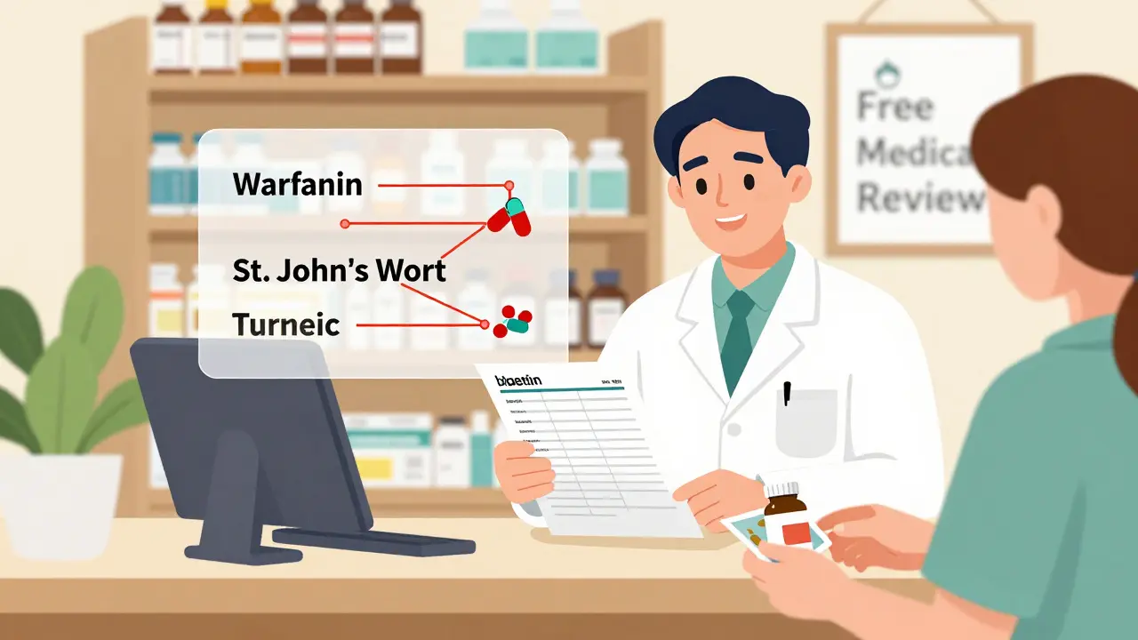 Pharmacist reviewing medication list with warning lines between interacting drugs
