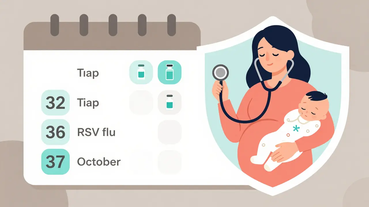 Pregnancy vaccine schedule calendar with icons and a mother cradling her sleeping baby.