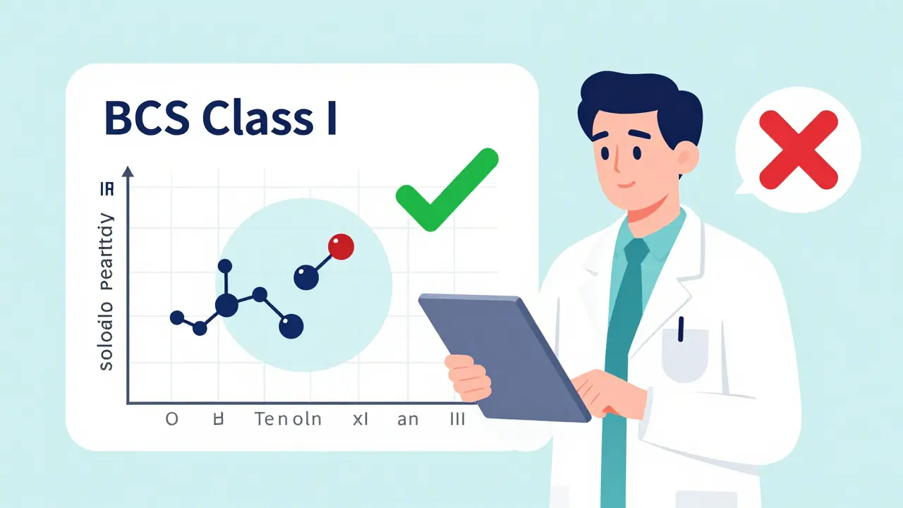 Scientist holding a tablet next to a BCS classification chart with icons of common drugs, showing which ones can be tested without human trials.
